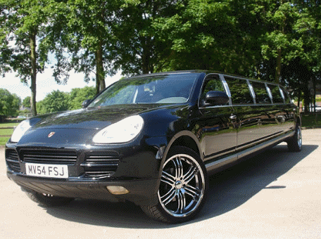 Chauffeur stretched black Porsche Cayenne limousine hire in Leeds, Bradford, West Yorkshire, Nottingham, Derby, Nottinghamshire, Derbyshire, Midlands.